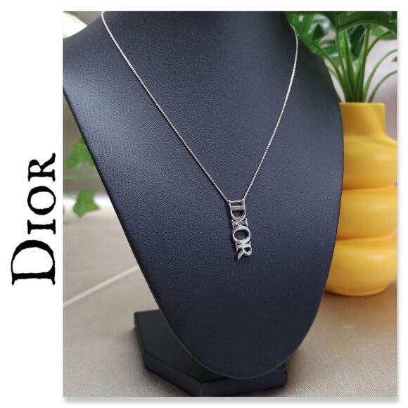 Authentic Christian Dior Metal Logo Bar Necklace Silver W/ Dior Notebook - Picture 1 of 13